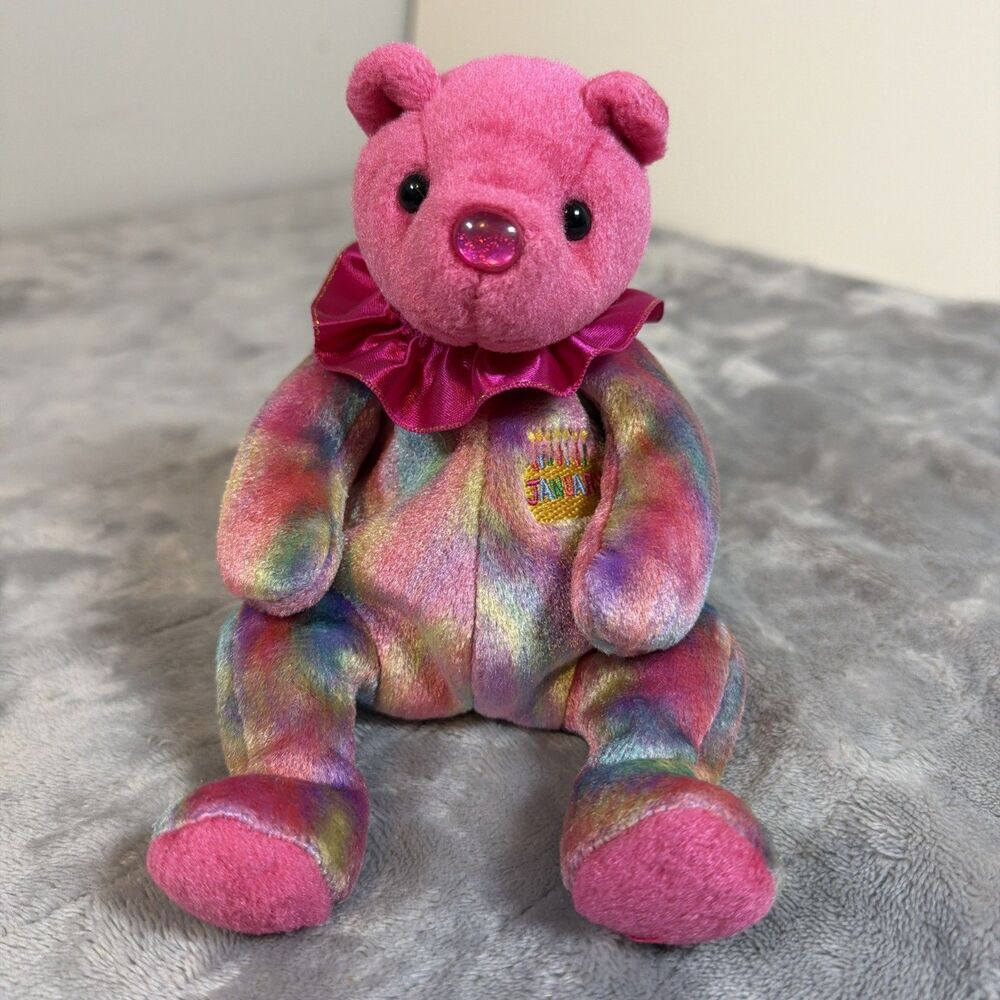 Ty Beanie Baby JANUARY Birthday Bear – 7.5" – No Ear Tags – 2001 Plush Rainbow